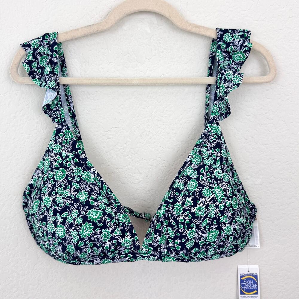 J. Crew Womens Floral Ruffle V Neck Bikini Top Size XXL Swim Summer Preppy Navy